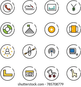 line vector icon set - phone vector, snowmobile, statistics, yen, circle chart, pyramid flag, star medal, doors, man, kayak, antenna, monoblock pc, corner ruler, generator, wheel horse, toy giraffe