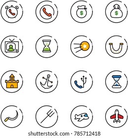 line vector icon set - phone alarm vector, money bag, tv news, sand clock, first satellite, luck, fort, anchor, sickle, farm fork, plane toy