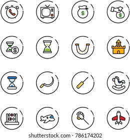 line vector icon set - phone alarm vector, tv, money bag, encashment, account history, sand clock, luck, fort, sickle, awl, rocking horse, abacus, plane toy, stick