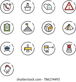line vector icon set - phone alarm vector, recieptionist, heart diagnosis, traffic light road sign, clipboard, pyramid flag, volleyball, tent, fingerprint scanner, milling cutter, laser lever, toy