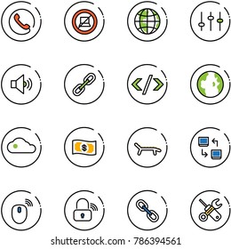 line vector icon set - phone vector, no computer sign, globe, settings, volume medium, link, tag code, cloud, money, lounger, data exchange, mouse wireless, lock, wrench screwdriver