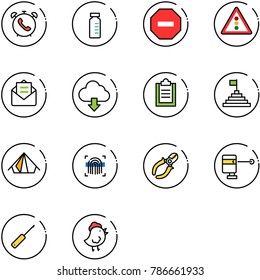 line vector icon set - phone alarm vector, vial, no way road sign, traffic light, opened mail, download cloud, clipboard, pyramid flag, tent, fingerprint scanner, side cutters, laser lever, awl