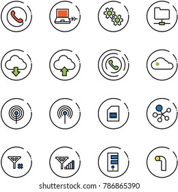 line vector icon set - phone vector, netabook connect, gear, network folder, download cloud, upload, horn, antenna, sim, molecule, no signal, fine, server, allen key