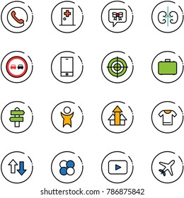 line vector icon set - phone vector, first aid room, bow message, kidneys, no overtake road sign, target, case, signpost, success, arrows up, t shirt, down, atom core, playback, plane
