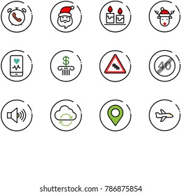 line vector icon set - phone alarm vector, santa claus, candle, christmas deer hat, mobile heart monitor, bank, multi lane traffic road sign, end speed limit, volume max, refresh cloud, map pin