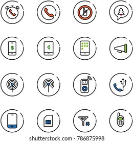 line vector icon set - phone alarm vector, no mobile sign, merry christmas message, payment, speaker horn, antenna, music player, sim, signal, toy