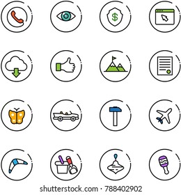 line vector icon set - phone vector, eye, safe, cursor browser, download cloud, like, attainment, agreement, butterfly, cabrio, hammer, plane, boomerang, shovel bucket, wirligig toy, beanbag