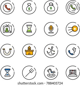 line vector icon set - phone vector, money bag, horn, tv news, sand clock, microphone, first satellite, luck, fort, anchor, farm fork, rocking horse, abacus