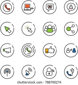 line vector icon set - phone vector, netabook connect, bow message, merry christmas, cursor, group, share, loudspeaker, horn, finger up, information exchange, antenna, satellite, wireless lock