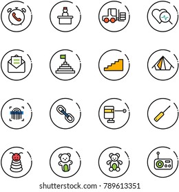 line vector icon set - phone alarm vector, recieptionist, fork loader, heart diagnosis, opened mail, pyramid flag, stairs, tent, fingerprint scanner, link, laser lever, awl, toy, bear, radio
