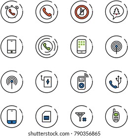 line vector icon set - phone alarm vector, no mobile sign, merry christmas message, horn, antenna, power bank, music player, sim, signal, toy