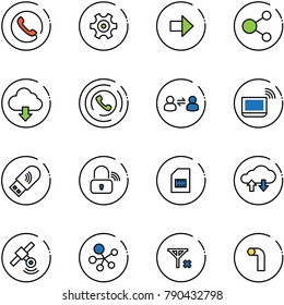 line vector icon set - phone vector, gear, right arrow, share, download cloud, horn, information exchange, notebook wi fi, usb, wireless lock, sim, data, satellite, molecule, no signal, allen key