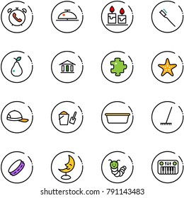 line vector icon set - phone alarm vector, client bell, candle, tooth brush, pear, bank, puzzle, starfish, cap, bucket scoop, basin, rake, tambourine, moon lamp, toy caterpillar, piano