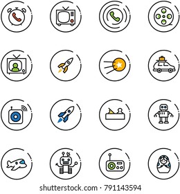 line vector icon set - phone alarm vector, tv, horn, film coil, news, rocket, first satellite, car baggage, wireless speaker, jointer, robot, plane toy, radio, russian doll