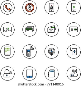 line vector icon set - phone vector, no mobile sign, christmas, payment, credit card, antenna, power bank, wireless lock, micro flash, wi fi router