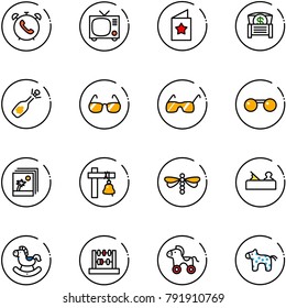 line vector icon set - phone alarm vector, tv, star postcard, money chest, fizz opening, sunglasses, photo, ship bell, dragonfly, jointer, rocking horse, abacus, wheel, toy