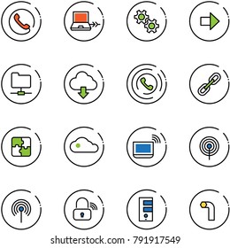 line vector icon set - phone vector, netabook connect, gear, right arrow, network folder, download cloud, horn, link, puzzle, notebook wi fi, antenna, wireless lock, server, allen key