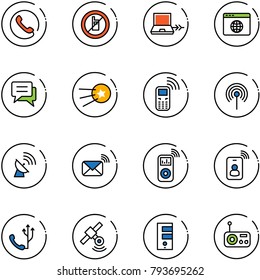 line vector icon set - phone vector, no mobile sign, netabook connect, browser globe, chat, first satellite, antenna, wireless mail, music player, identity card, server, radio