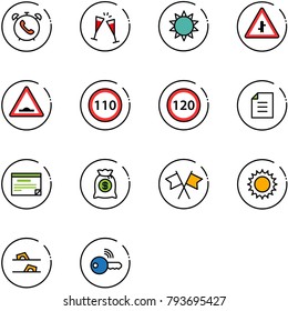line vector icon set - phone alarm vector, wine glasses, sun, intersection road sign, artificial unevenness, speed limit 110, 120, document, schedule, money bag, flags cross, flip flops