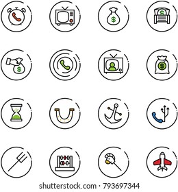 line vector icon set - phone alarm vector, tv, money bag, chest, encashment, horn, news, sand clock, luck, anchor, farm fork, abacus, horse stick toy, plane