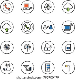 line vector icon set - phone vector, netabook connect, gear, download cloud, upload, horn, information exchange, notebook wi fi, antenna, wireless lock, sim, router, fine signal, server, allen key