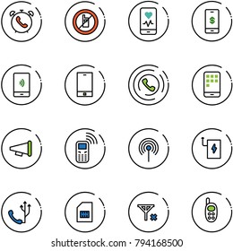 line vector icon set - phone alarm vector, no mobile sign, heart monitor, payment, horn, speaker, antenna, power bank, sim, signal, toy