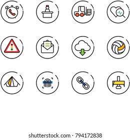 line vector icon set - phone alarm vector, recieptionist, fork loader, heart diagnosis, traffic light road sign, opened mail, download cloud, volleyball, tent, fingerprint scanner, link