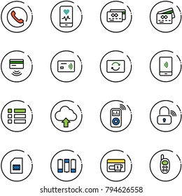 line vector icon set - phone vector, mobile heart monitor, credit card, tap pay, exchange, payment, menu, upload cloud, music player, wireless lock, sim, battery, generator, toy