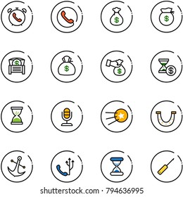 line vector icon set - phone alarm vector, money bag, chest, encashment, account history, sand clock, microphone, first satellite, luck, anchor, awl
