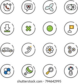 line vector icon set - phone alarm vector, bow message, three leafs, euro dollar, download, delete cross, record, flag, limousine, flying man, flower, atom core, beanbag