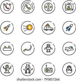 line vector icon set - phone alarm vector, horn, film coil, tv news, rocket, first satellite, car baggage, jointer, sickle, robot, plane toy, radio, russian doll