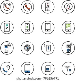 line vector icon set - phone alarm vector, christmas mobile, merry message, heart monitor, payment, antenna, power bank, music player, sim, no signal