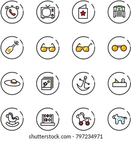 line vector icon set - phone alarm vector, tv, star postcard, money chest, fizz opening, sunglasses, woman hat, photo, anchor, jointer, rocking horse, abacus, wheel, toy