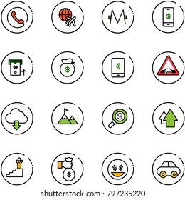 line vector icon set - phone vector, plane globe, monero, mobile payment, atm, money bag, drawbridge road sign, download cloud, attainment, search, arrow up, success, rich, smile, car