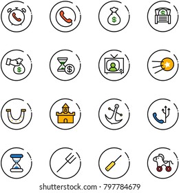 line vector icon set - phone alarm vector, money bag, chest, encashment, account history, tv news, first satellite, luck, sand fort, anchor, clock, farm fork, awl, wheel horse