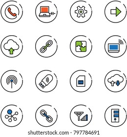 line vector icon set - phone vector, netabook connect, gear, right arrow, upload cloud, link, puzzle, notebook wi fi, antenna, usb, sim, exchange data, molecule, fine signal, server