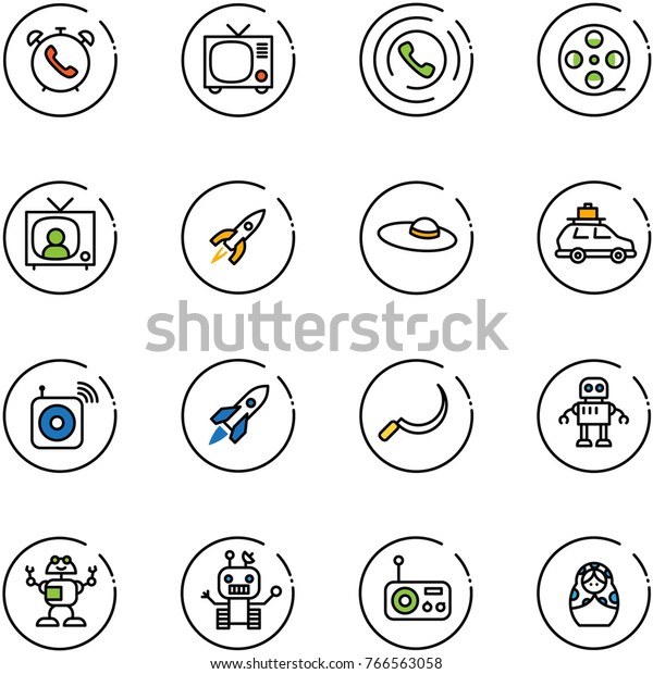line vector icon set - phone alarm\
vector, tv, horn, film coil, news, rocket, woman hat, car baggage,\
wireless speaker, sickle, robot, radio, russian\
doll