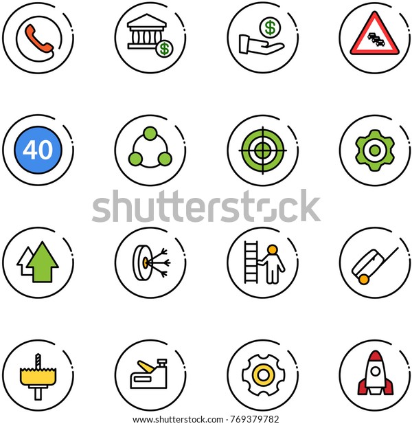 line vector icon set - phone vector, account,
investment, multi lane traffic road sign, minimal speed limit,
social, target, gear, arrow up, solution, opportunity, suitcase,
crown drill, stapler
