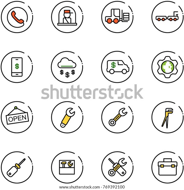 line\
vector icon set - phone vector, officer window, fork loader,\
baggage truck, mobile payment, money rain, encashment car, gear\
globe, open, wrench, plumber, screwdriver, tool\
box