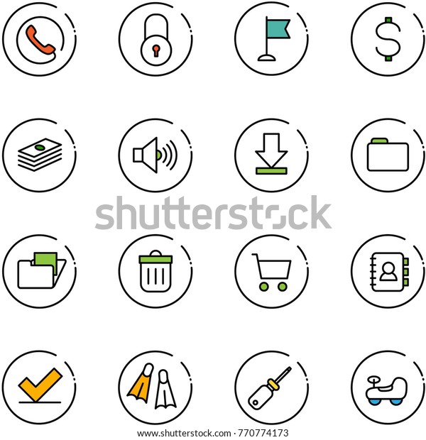 line vector icon set - phone\
vector, lock, flag, dollar, volume max, download, folder, trash\
bin, cart, contact book, check, flippers, screwdriver, baby\
car