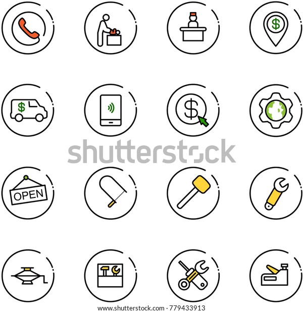 line vector icon set - phone vector, baby\
room, recieptionist, dollar pin, encashment car, mobile payment,\
money click, gear globe, open, fretsaw, rubber hammer, wrench,\
jack, tool box,\
screwdriver