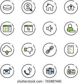 line vector icon set - pill vector, money click, home, website, cursor browser, low volume, user password, upload cloud, dislike, link, document, wireless mail, phone, carbon, radio