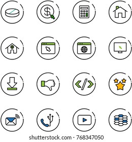 line vector icon set - pill vector, money click, calculator, home, cursor browser, globe, monitor, download, dislike, tag code, stars, wireless mail, phone, playback, carbon