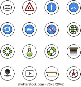 line vector icon set - pill vector, round motion road sign, only forward, detour, circle, bus, end minimal speed limit, globe, friends, flask, chart, jalousie, playback, basin, soccer ball