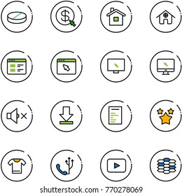 line vector icon set - pill vector, money click, home, website, cursor browser, monitor, volume off, download, document, stars, t shirt, phone, playback, carbon