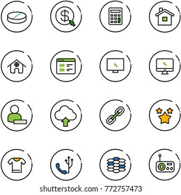 line vector icon set - pill vector, money click, calculator, home, website, monitor cursor, user password, upload cloud, link, stars, t shirt, phone, carbon, radio