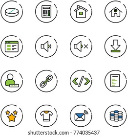line vector icon set - pill vector, calculator, home, website, low volume, off, download, user password, link, tag code, document, stars, t shirt, wireless mail, carbon