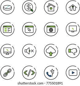 line vector icon set - pill vector, money click, home, website, cursor browser, globe, monitor, volume off, upload cloud, dislike, link, tag code, phone, playback