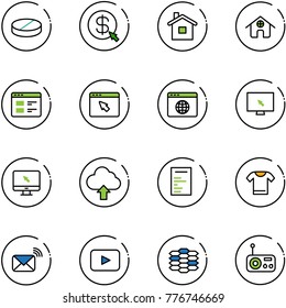 line vector icon set - pill vector, money click, home, website, cursor browser, globe, monitor, upload cloud, document, t shirt, wireless mail, playback, carbon, radio