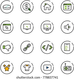 line vector icon set - pill vector, money click, home, website, cursor browser, monitor, low volume, dislike, link, tag code, document, stars, t shirt, playback, radio